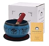 DharmaObjects Yoga Meditation 6 Inches 8 Lucky Symbols Singing Bowl/Cushion/Leather Mallet Gift Set (Turquoise)