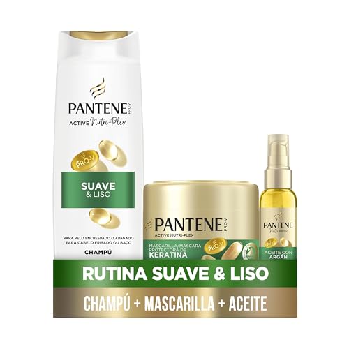 Pantene Pro-V Suave Y Liso Champú 325ml, Mascarilla 300ml, Aceite 100ml Para Pelo Encrespado Y Apagado. Limpieza Suave. Protege Enlaces Capilares