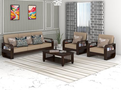 Image of Sheesham Wood 5 Seater Sofa Set with 40 Density Cushion for Living Room Home Office Solid Wood Sofa Set Furniture Wooden Five Seater Sofa Set (Walnut,Cream)