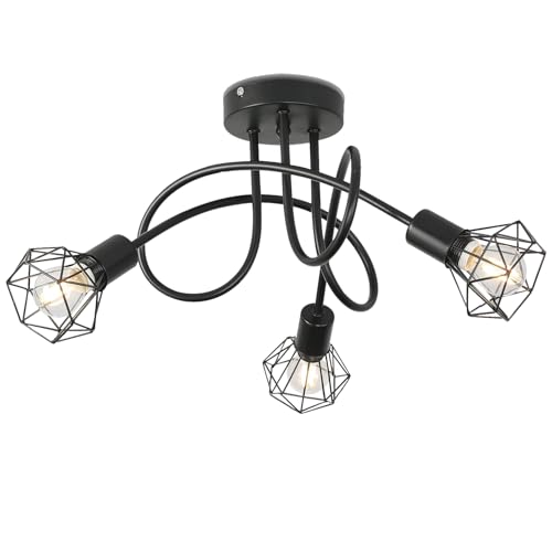Industrial 3 Way Ceiling Light Chandelier Semi-Flush Mount E14 Base Black Metal Caged 3 Lights Ceiling Light Fixture for Bedroom Living Dining Room Hallway(Bulbs not Include)