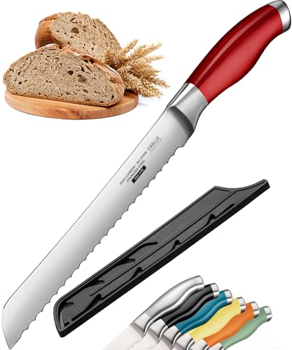 Orblue Brotmesser aus Edelstahl mit Wellenschliff – Ultrascharfes Profi Küchenmesser, Ideal für Brot, Bagels & Kuchen, Rot