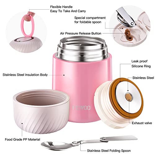 Fewoo Food Thermos - 20Oz Vacuum Insulated Soup Container, Stainless Steel Lunch Box For Kids Adult, Leak Proof Food Jar With Folding Spoon For Hot Or Cold Food (Pink) #TOP2
