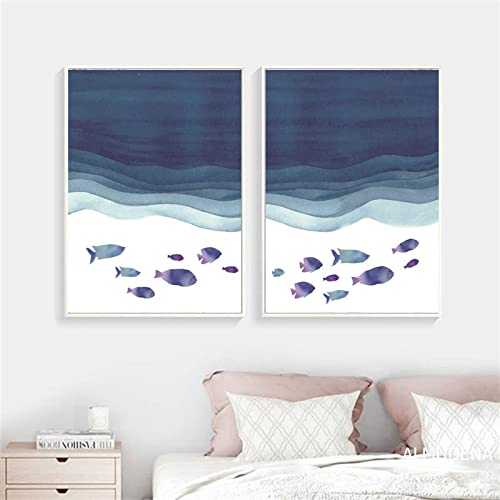 Cartoon Blue Ocean Fish Group Canvas Schilderij Eenvoudige Kunst Muur Zeegezicht Prints en Posters voor Kinderkamer… - Image 4