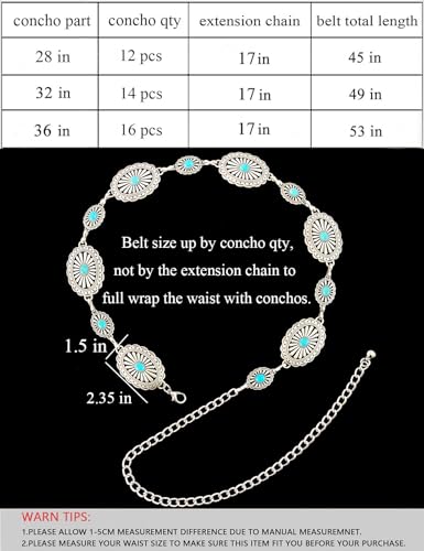 image for TOPACC Silver Turquoise Concho Belts for Women Western Metal Cowgirl B