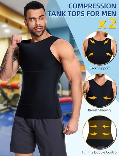 MISS MOLY 2 Pack Gynomastica Tummy Control Undershirt V Neck Compression Shirt for Men Slimming Vest Tank Tops Shapewear2