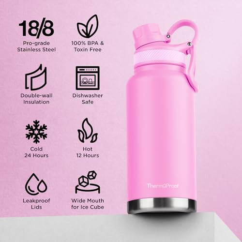 Image of ThermoProof Double-Walled Vacuum Insulated Stainless Steel Water Bottle - Wide Mouth Canteen, Spout & Straw Lids, Dishwasher Safe, Reusable, Leakproof, Hot & Cold for Men, Women & Kids - 32oz, Pink