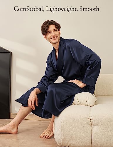 LilySilk 100% Silk Robe for Men Long Sleeve Lapel Collar 22 Momme Silk Kimono Bathrobe Male Sleepwear Soft4