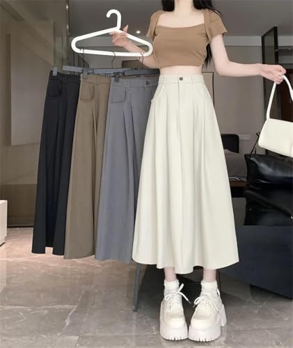 Women's Vintage Pleated Midi Skirt High Waist Solid A-Line Casual Skirt2