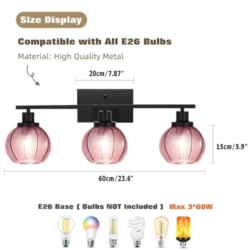 Image of 3-Light Pink Globe Bathroom Vanity Light Vintage Wall Sconce | 3-Light Vanity Light, Pink Ribbed Globe Glass Shades, E26, Soft Glow Mirror Lighting For Master Bath, Powder Room, Bathroom