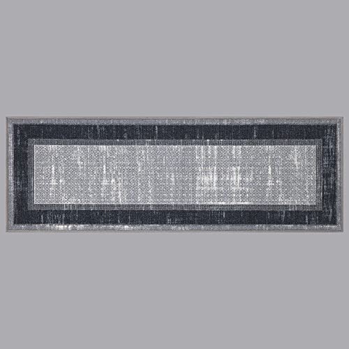 Machine Washable Bordered Design Non-Slip Rubberback 2X5/2X3 2Pcs Set Traditional Runner Rug/Area Rug For Hallway, Kitchen, Entryway, Bathroom, 2 Piece Set - 20" X 59" / 2'3" X 3', Gray/Black #TOP6