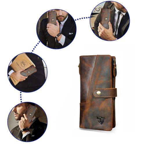 Image of Genuine Crazy Horse Leather Travel Gift Coin Pocket Card Case Long Organizer Chain Rfid Wallet Purse With Snap For Men Male 1803 1815 (1803 Brown-No Chain)