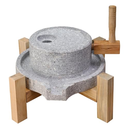 Nizodo Artisanal Natural Stone Grain Mill (Solid Wood Base) - Household Grinder for Wheat/Spices & Coffee Beans, Ideal for Breads & Tortillas (7.87x11.8 Inches)