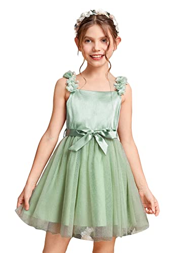 WDIRARA Girl's Floral Shoulder Contrast Mesh Flared Hem Sleeveless High Waist Belted Cami Dress