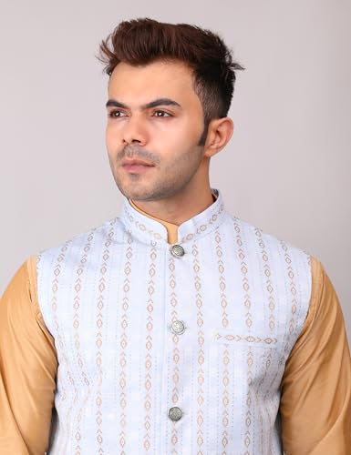 Image of Men's Cotton Silk Blend Regular Kurta Pyjama, Embroidered Nehru Jacket /Waistcoat Set