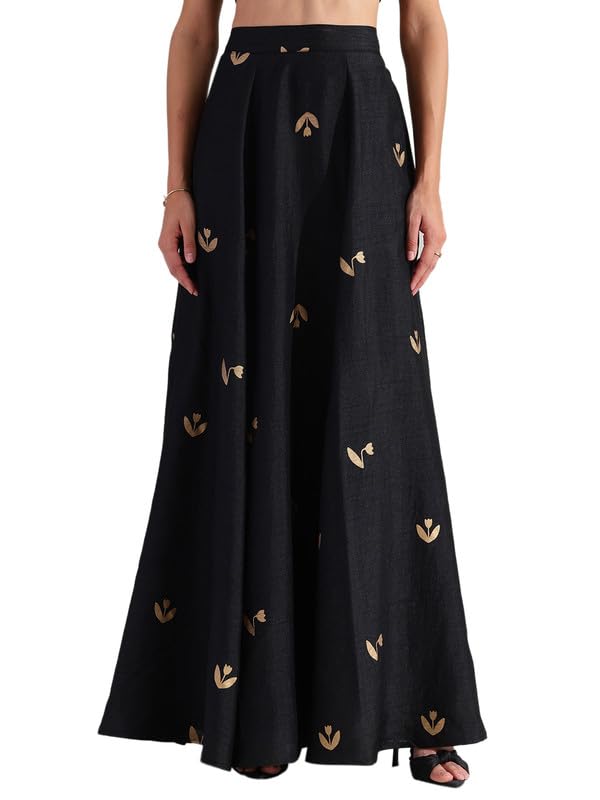 pink fort Women's Black and Gold Silk Gold Floral Flared Skirt-picture-29