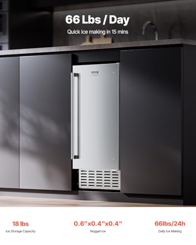 Image of VEVOR Under Counter Ice Maker Machine, 66 Lbs /Day Undercounter Nugget Ice Maker with Gravity Drain, Reversible Door, Self-Cleaning & 24H Timer, Stainless Steel Ice Machine for Commercial Home Kitchen
