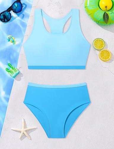Image of DONWEN Girls Swimsuits V Neck Bikini Set Textured High Waist Girl Two Piece Bathing Suit