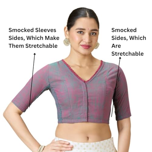 Image of Studio Shringaar Women's Handloom Cotton Side Stretchable (Smocked) Readymade Saree Blouse with Crochet Neckline