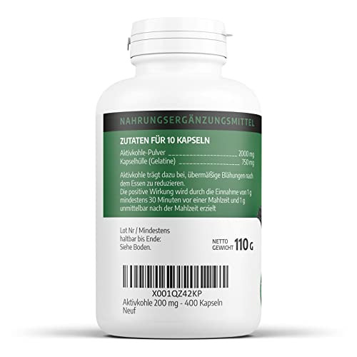Aktive Kohle - Verdauungskomfort - Activated Carbon - 2000 MG/Tag - 400 Kapseln | Ohne Zusätze, Premium Naturprodukt