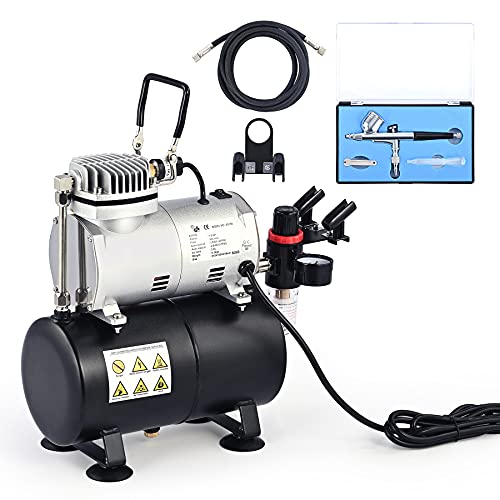 CO-Z Portable Airbrush Kit w 1 6hp Single Piston Air Compressor with 0.8gal Tank, 0.3mm Gravity Feed Airbrush Gun, 6ft Air Hose & Airbrush Holder for Model Craft Painting Cake (Silver+Black)
