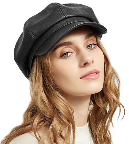 Womens-Newsboy-Cap Cabbie-Hats Retro-Leather-Beret-Hats 8 Panels Gatsby Ivy Cap Black #TOP21