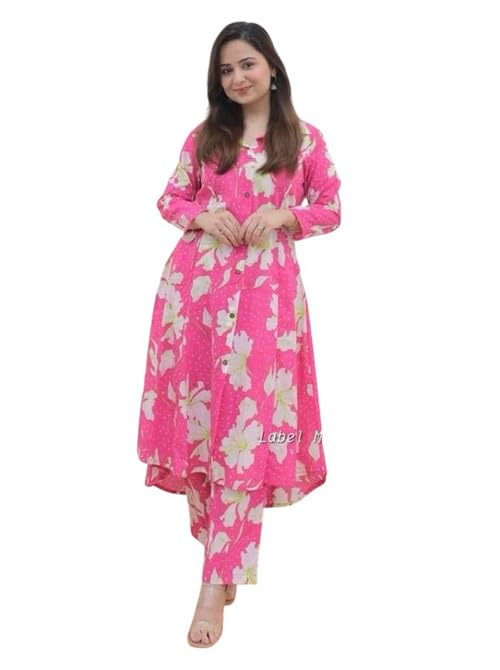 Image of Women's Cotton Kurta with Trousers Set, Floral Print, Regular Fit