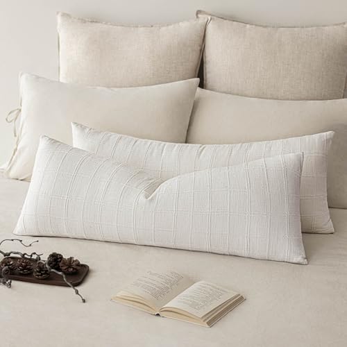 Image of Foindtower Set of 1 Decorative Linen Check Throw Pillow Cover Neutral Long Body Lumbar Cushion Cover Farmhouse Vintage Boho Home Decor for Sofa Chair Couch Bedroom Living Room,14x36 Inch,Cream White