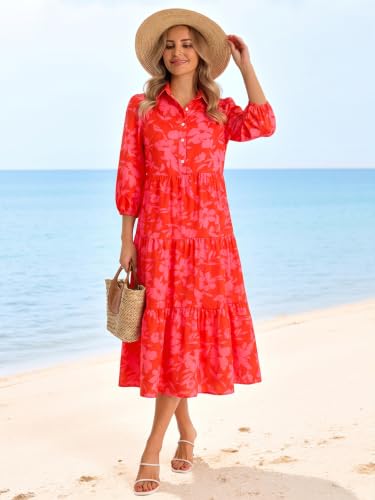 Image of Wenrine Womens Casual 3 /4 Sleeve Shirt Dress Button Down Flowy Maxi Dress