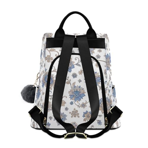 Sac à dos imprimé floral bleu à poches multiples et porte-clés pompon chic