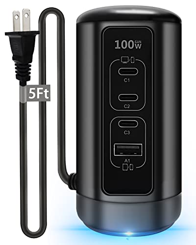 100W USB C Tower Charger 4-Port GaN - Compact, Space-Saving Design with USB-C & USB-A Ports for MacBook Pro/Air, USB-C Laptop, iPhone 14/13/12, Galaxy, Fold, Pixel Multiple Devices