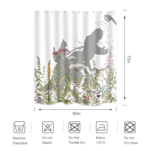Image of Cat Dinosaur Shower Curtain Funny Cat Help Dino Bathe Behind Wildflowers Trex Silhouette Shadow for Kids Bathroom Home Decor Waterproof Polyester Fabric 72Lx60W Inch with Hooks