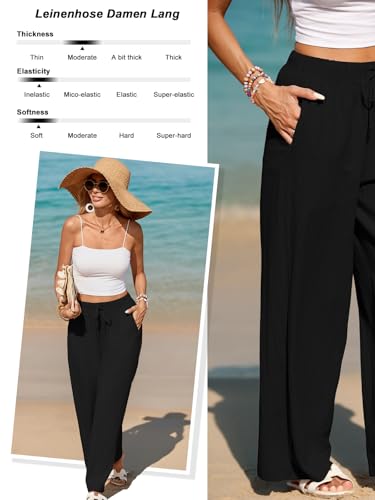 HAPYWER Leinenhose Damen Weites Bein Sommerhose Leichte Freizeithose Lang Stoffhose High Waist mit Gummizug Palazzo Strandhose mit Taschen(Schwarz,L)