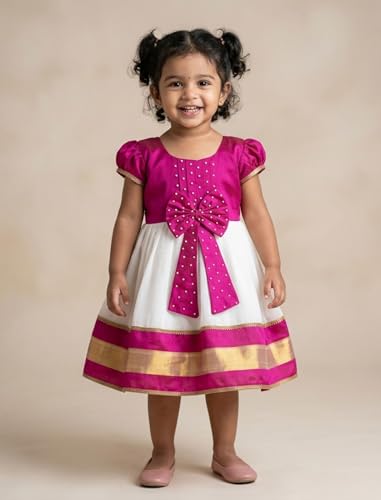 Image of Baby Girls Cotton Silk Midi /Knee Length Festive /Party /Wedding Pattu Dress