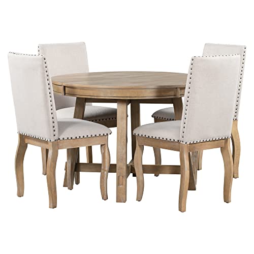 Knocbel-Farmhouse-4-Person-Extendable-Dining-Table-Set-5-Piece-Dinette-Set-with-Upholstered-Nailhead-Trim-Chairs-Kitchen-Dining-Room-Small-Space-Furniture-Set-Standard-Height-Natural-Wood-Wash Knocbel Farmhouse 4 Person Extendable Dining Table Set 5 Piece Dinette Set with Upholstered Nailhead Trim Chairs Kitchen Dining Room Small Space Furniture Set Standard Height Natural Wood Wash