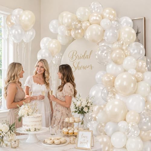 Image of Pearl White Balloons, 12 Inch Double Stuffed Pearl Balloons, 50pcs Double Stuffed Latex Sand White Ivory Clear Balloon for Bachelorette Bride Baby Shower Wedding Engagement Birthday Party Decorations