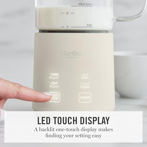 Image of Martha Stewart Milk Frother and Steamer, 10oz /300ml Glass Cup, 4 Presets (Cold Foam, Light, Dense & Hot Chocolate), Ready in 90 Seconds, Cordless Pouring, One-Touch for Hot and Cold Milk, Linen Cream