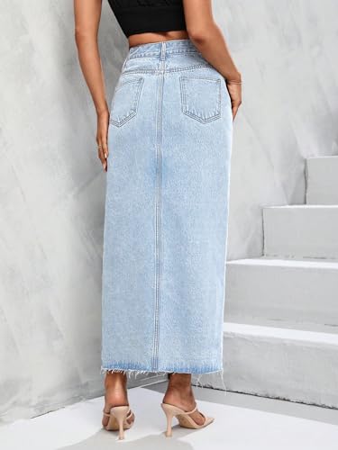 Women's High Waist Stretch Maxi Denim Skirt Front Split Frayed Raw Hem A line Casual Long Jean Skirt2