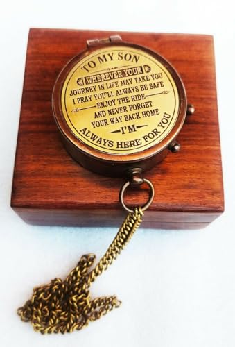 Brújula personalizada con mensaje inspirador para hijo, brújula de latón grabada con caja de madera miniatura 1