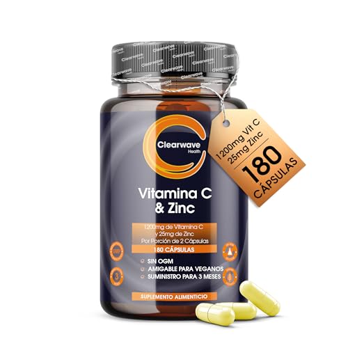 Cápsulas de vitamina C y zinc   Vitamina C 1200 mg y zinc 25 mg   Vitamina C y zinc para el mantenimiento del sistema inmunológico normal   180 cápsulas veganas de vitamina C y zinc (no tabletas)