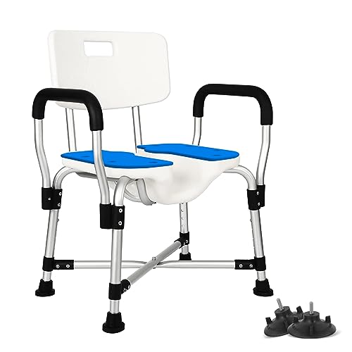 Heavy Duty Shower Chair with Arms and Back 400lbs, Slip Resistant Bath Chair with Reinforced Crossing Bar, U-Shape Groove Cutout Shower Seats for Elderly, Handicap, Disabled, Seniors, Pregnant