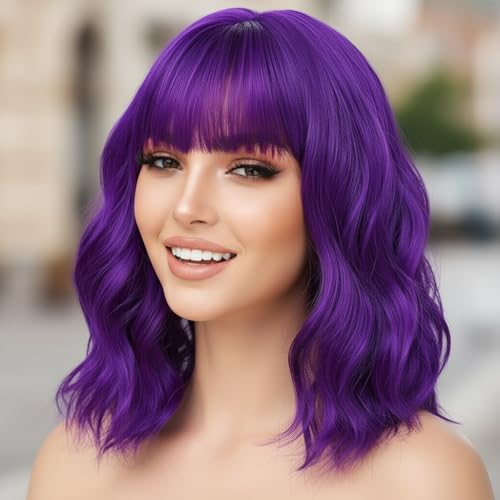 Image of AGO Purple Wig with Bangs Short Loose Wave Pastel Bob Wigs Shoulder Length Synthetic Hair for Women Girl Synthetic Heat Resistant Fiber for Daily Party Halloween Cosplay Use(415#Purple)