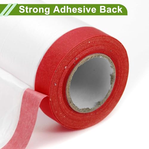 Image of Pre-Taped Masking Film Plastic Cover PE Film Masking Paper 1 Pc 2500x90cm / 82.02ftx35.43 inch White Red