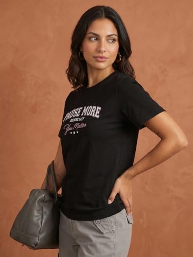 Image of Nobero Women's Graphic Printed T-Shirt | Regular Fit 180 GSM Cotton Tee for Women | Comfortable Round Neck Casual Wear