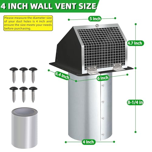 Image of 4Inch Dryer Vent Cover Outside,Hooded Wall Vent with Screen and Damper,Exterior Exhaust Vent Cover Cap Outdoor Dryer Vent for 4Inch Pipe,Laundry,Bathroom Exhaust Fan&Air Exhaust,Galvanized Steel,Black