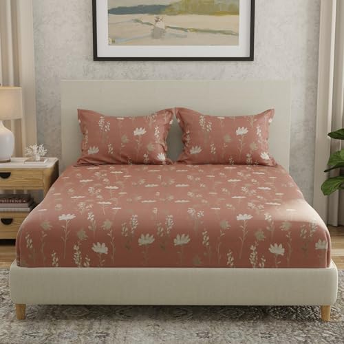Image of HUESLAND by Ahmedabad Cotton 144 TC Double Bedsheet Cotton with 2 Pillow Covers | Rust, White & Grey