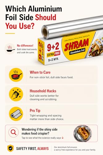 Image of SHRAM Aluminium Foil 9 Meter + 2 Meter Free | 11 Micron Food Grade Kitchen Foil Roll | Safe Paper Zigzag Cutter | Multipurpose Foil for Home, Hotel & Restaurant Use | Baking, Grilling & Food Wrapping