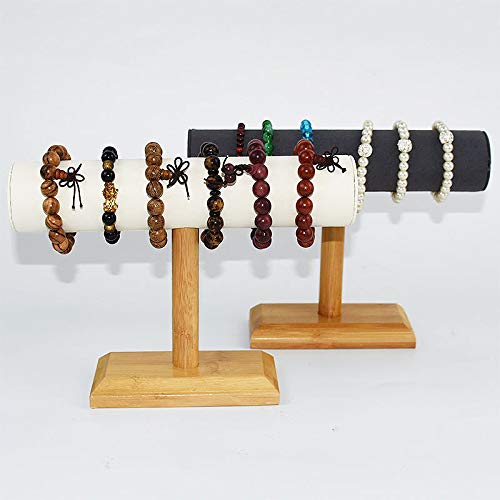 Bloepum Bamboo Wood Single Tier T-Bar Rack Bracelet Watch Bangle Display Holder Stand Jewelry Organizer Gray