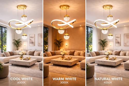 Image of Premium Three Loop Curved LED Stylish Gold Finish with 3 Different Color Mode (Warm White, Cool White, Neutral White) Chandelier with Height Adjustable Hanging for Bedroom, Living, Dining, Etc