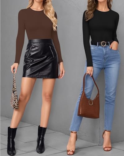 Image of MANGOPOP Womens Bodysuit Long Sleeve Crew Neck Body suit for Women Ribbed Bodysuits Shirts
