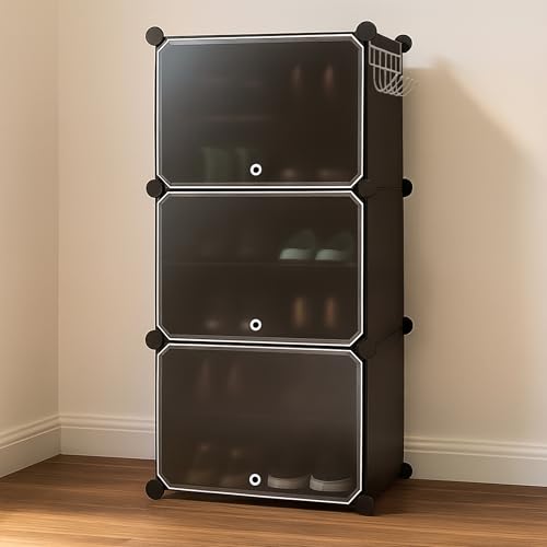 Image of Zemic Multipurpose Modular Plastic Shoe Rack for Home with Door | 𝟔 𝐒𝐡𝐞𝐥𝐟 Stackable Organizer | Waterproof & Dustproof | Space Saving Storage for Home, Bedroom & Entryway【Black, 3-Door-6-Shelf】